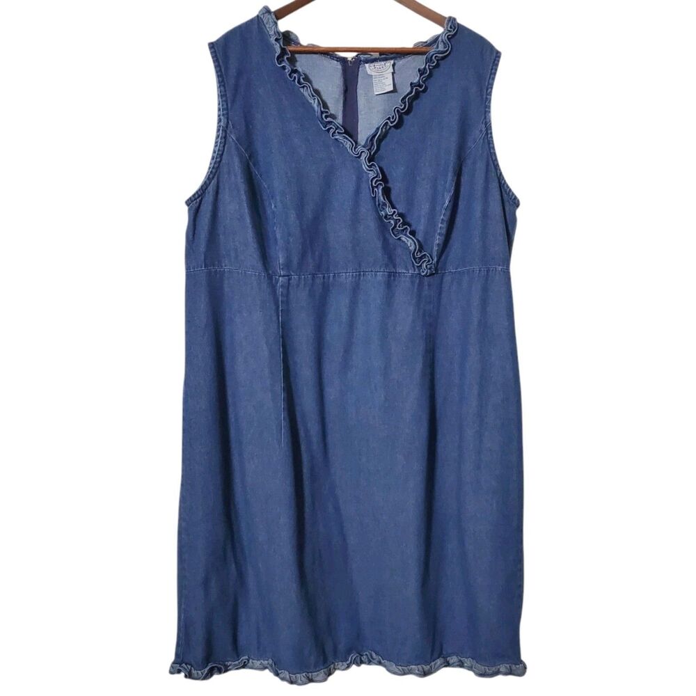 Carolina Blues Denim Jean Dress 22W Plus Sleeveless Country Ruffle V-Neck Womens